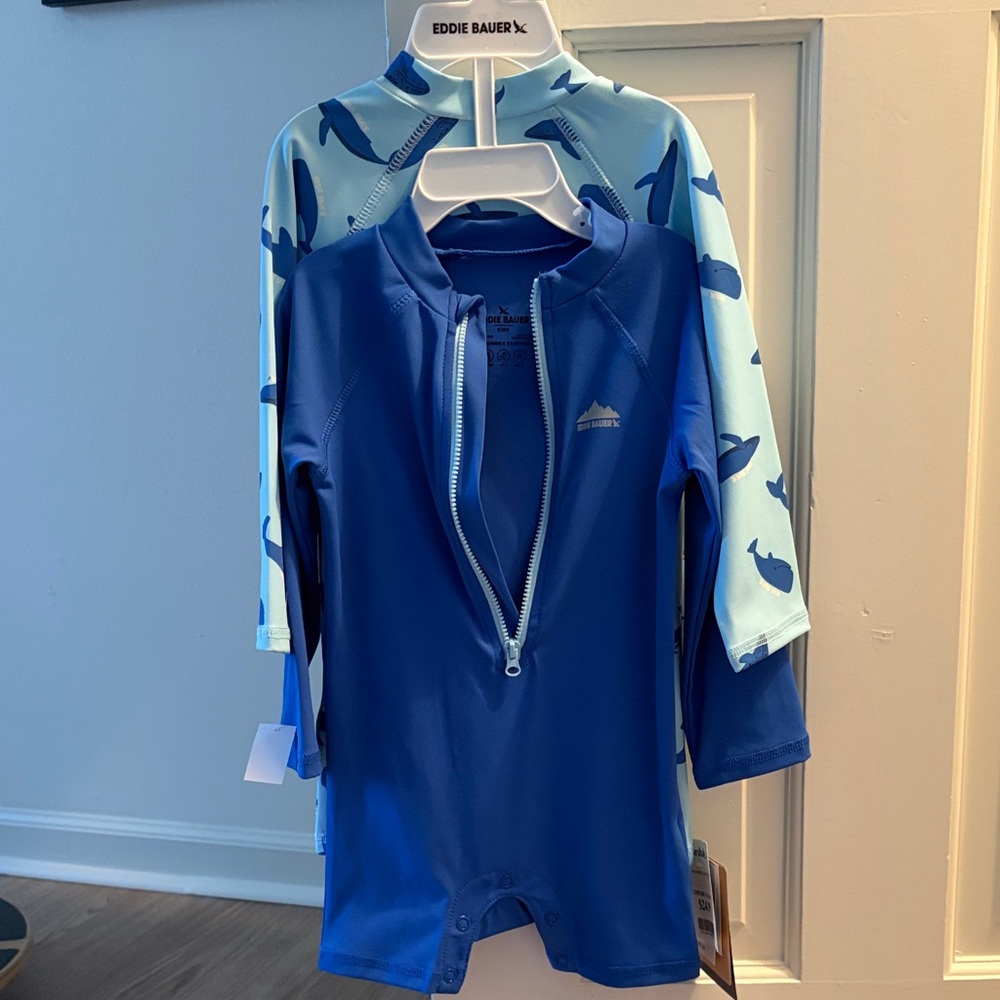 NWT Eddie Bauer Long-Sleeve Rash Guard Swimsuits Blue Whales 2 pc set 18 months